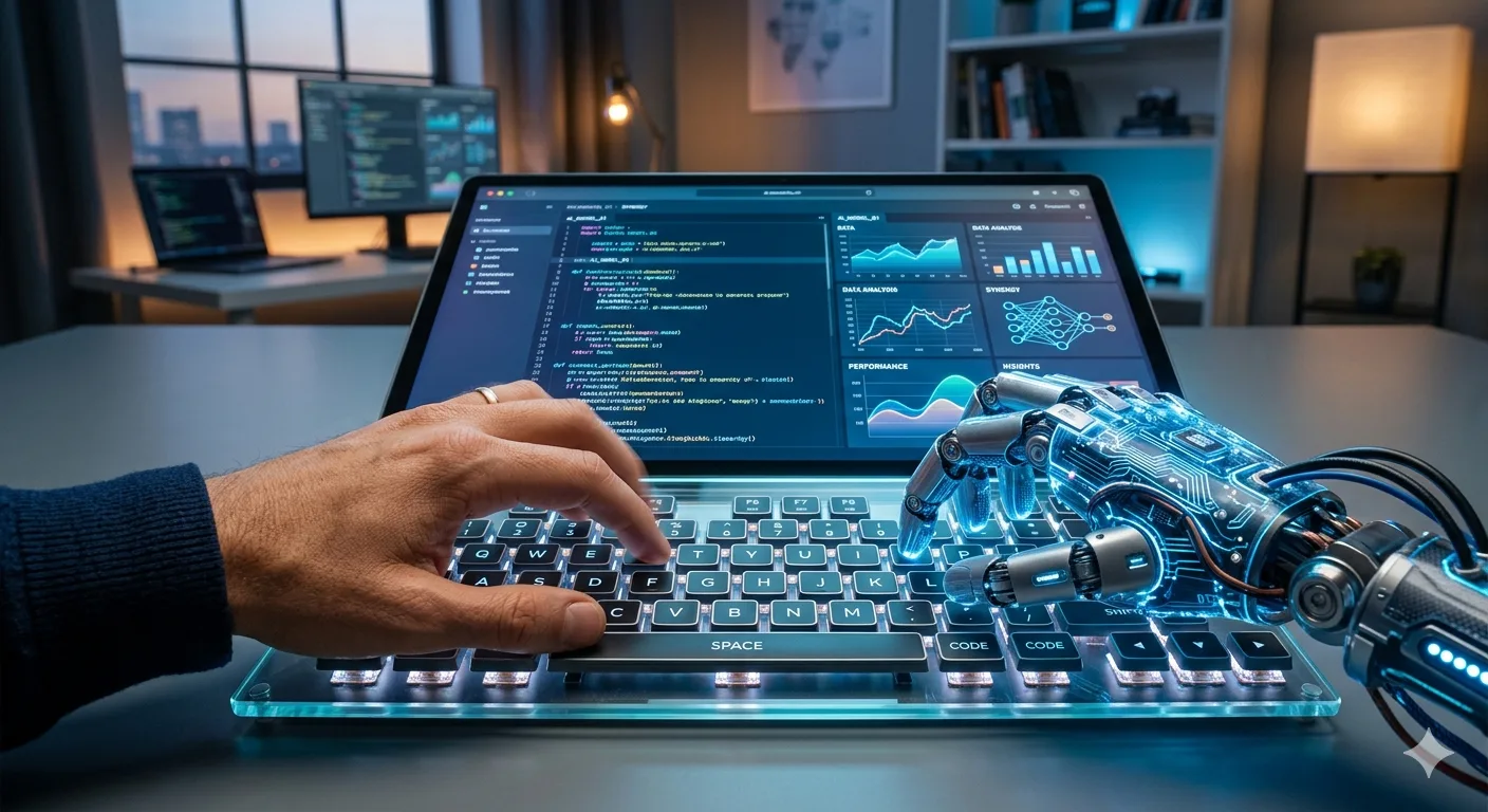 Ai and human typing on a keyboard